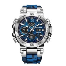 Montre Homme FOXBOX FB0077 – Double Affichage Sport - Argenté & Bleu Camouflage