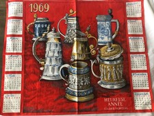 Vintage French 1969 Promotional Cotton Calendar Tea Towel Beer Tankards