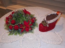 VTG RED FELT SANTA BOOT & CANDLE RING ARTIFICIAL POINSETTIA HOLDS 3" CANDLE 