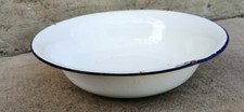 E2- Ancienne Bassine cuvette Emaillée Blanche Liseré bleu diamètre 24cm Déco 