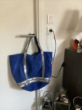 Sac cabas daim cuir bleu électrique sequins argentés bon état 
