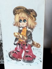 Tableau Poulbot Fillette tenant une Baguette Pain Rétro Vintage .Signé Yenele