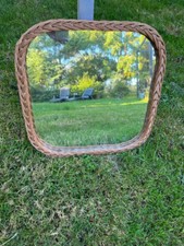 Grand Miroir en osier tressé carré vintage 1960