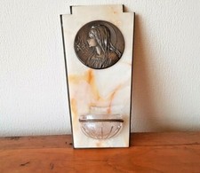  French Art Deco Marble Holy Water Font Bronze Mary Plaque Signed Ruffony 3103