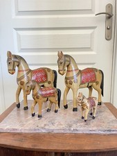 Ancien Lot 4x Cheval Mariage Ghodi Indien Bois Sculpté Peint à la Main