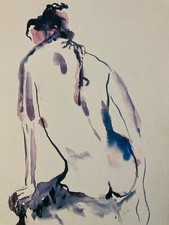 Très Beau Dessin Lavis Encre Femme Nue Assise Dos Nu Erotique 1980 A Identifier