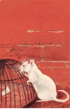 Fantaisie - n°86464 - Souris blanche reniflant du fromage dans une cage - Car