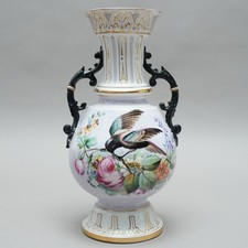 Antique Vase Porcelaine Peint à la Main À 1900 Floral + Oiseau Bohême Silésie V.
