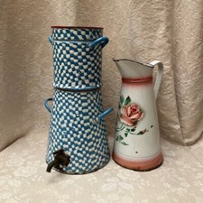 18"H Blue DROOPY CHECK Old French Enamelware COUNTER/COMMUNITY COFFEE POT Faucet