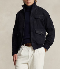 Veste en cuir daim bleu marine