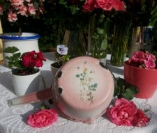 Antique enameled french Japy saucepan pink roses blue pansies 1920 no coffee pot