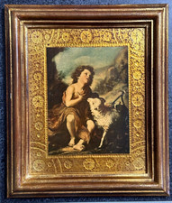 Ancien tableau religieux florentin icone St Jean Baptiste Murillo cadre bois Or