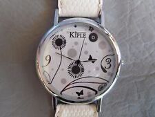 KIPLE MONTRE BRACELET CUIR BLANC ROND GRIS PAPILLON FLEUR FEMME WOMAN BIG WATCH