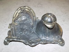 ANCIEN ENCRIER EN REGULE PATINÉ BRONZE EQUITATION CHEVAL CAVALIER ART NOUVEAU