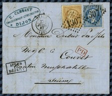 Napoléon YT#21+22 s/lettre de DIJON (Côte-d'Or) pour COUVET (Suisse) - 1867