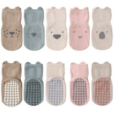 5 Paires Chaussettes Antidérapantes en Coton Bébé Enfant Motif Animaux Multic...