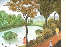 CP DESSIN NAÏF "PROMENADE DANS LE PARC DU CHATEAU" PAR REGINE DAPRA