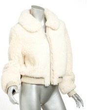 DUCIE Womens Classical Cream Beige Sheepskin Wool Sherpa Bomber Jacket S NEW