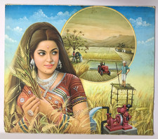 Inde Grand Calendrier Art Peinture Ferme Dame Récolte Prospérité 66cm x 55.9cm