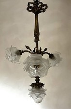 Ancien lustre bronze doré 4 tulipes Art Déco