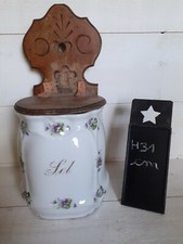 Ancien Pot Boîte à Sel En Faience Fleuries Et Support Bois épice
