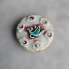 Oiseau en céramique japonaise kimono obi fermoir broche inscription Fu1...