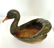 Ancienne CORBEILLE OSIER Forme Canard Vert Bec Orange H 30 Cm