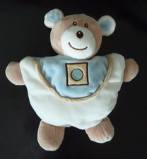 *. DOUDOU SEMI PLAT ARRONDI AJENA OURS BLANC BLEU BEIGE CARRE ROND ETAT NEUF *