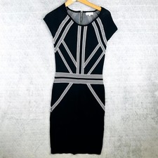 Jacqueline Riu Robe Fourreau Femme XS Noir Blanc Géométrique Manches Courtes