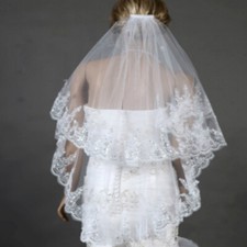 Mariage Voile Coude 2 Couches Dentelle Ivoire Bord Applique Sequin À Peigne Neuf