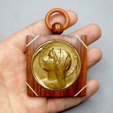 Saint Virgin Mary. Wall Pendant. Wood. French, Antique Religious Large Medal.
