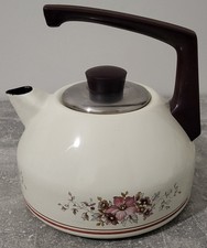 Grosse Bouilloire En Tôle Émaillée Avec Poignée Vintage Année 70 Decor Floral