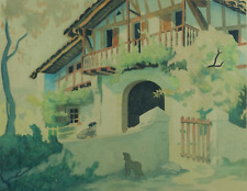 Ancien tableau Pays Basque Maison Chien Portrait Raoul Serres Art déco Aquarelle