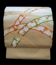 Kimono japonais Nagoya obi motif tambour tailleur vert or orange