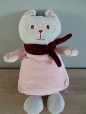 T7 - DOUDOU PELUCHE NOUNOURS CHAT ROSE BORDEAUX  LUNETTES 32c ECHARPE ET. NEUF* 