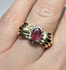 Vintag NISSKO 14k or Jaune Rubis Rouge Diamants Noeud Épais Crevette 4.3g Sz 7.5