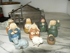RARE CRECHE DE 9 SANTONS NOEL ET GRANGE BOIS NATIVITE MODERNE ROIS MAGES ANIMAUX