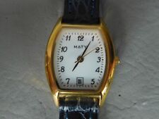 Maty montre ovale tonneau femme acier inoxydable doré bracelet cuir bleu