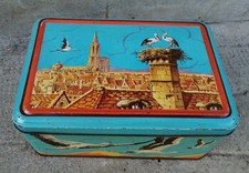 AR2 - Jolie boîte à biscuits en tôle lithographiée cigognes Alsace 
