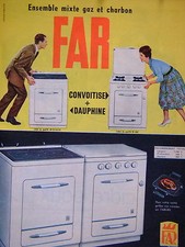 PUBLICITÉ FAR CUISINIÈRE ENSEMBLE MIXTE GAZ ET CHARBON CONVOITISE ET DAUPHINE