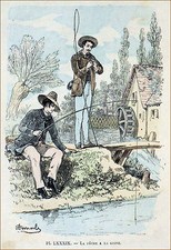 PÊCHEURS à la LIGNE près d'un MOULIN à la fin du 19e - Planche du 19e siècle