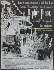 PUBLICITE ORPHEE PIANO CONCERT A BORD PAQUEBOT TRANSATLANTIQUE DE 1913 PUB RARE