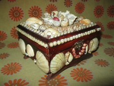Vintage 70s Ancienne PETITE BOÎTE A BIJOUX en COQUILLAGES 14x11 Ecrin Présentoir