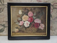 Tableau ancien - Huile sur toile - Peinture ancienne - Bouquet de roses