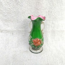 Vase En Verre Floral Vintage Fait Main Vert Rose Orange Marque Pontil 6.4 GV89