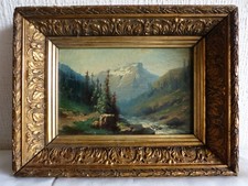 Tableau peinture ancienne paysage montagneux sommet montagne bord de rivère 2