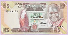 5 Kwacha ZAMBIE 1986 1988, P-25d Signé Chivuno, UNC, Barrage Kariba, Fish eagle