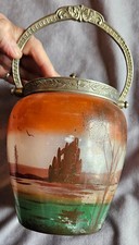 Seau à biscuits en verre à peinture émaillée des années 20 / 30 Monture métal