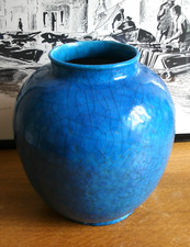 grand vase  signé LACHENAL ,art déco  ,céramique bleu craquelée  26x24cm