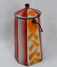 ANCIEN POT A LAIT AVEC COUVERCLE EN TOLE EMAILLEE A DECOR ART DECO 1920